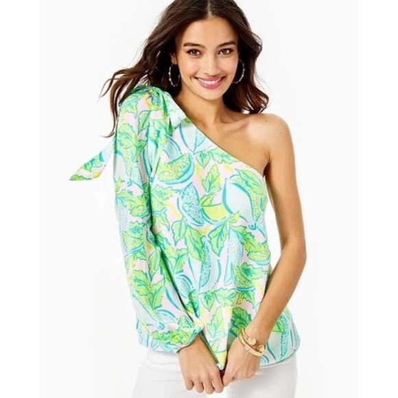 NEW Lilly Pulitzer Avena One-shoulder Top 00 Urchin Pink Lemon Tie Bow NWT - Picture 1 of 7